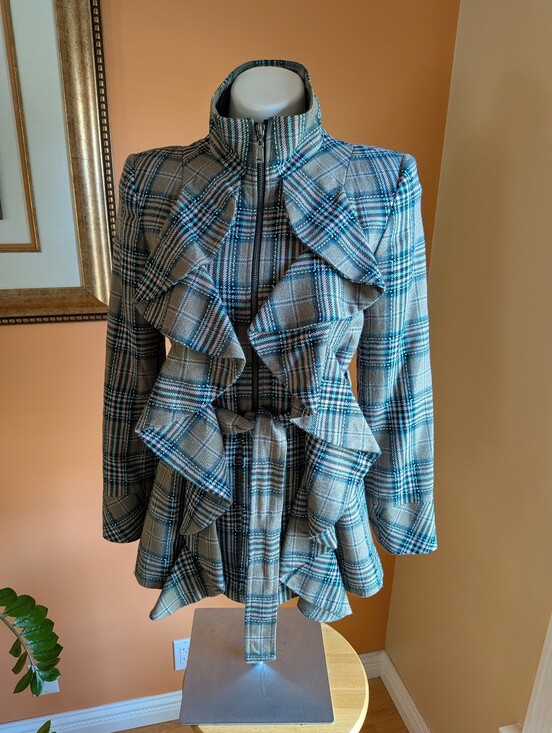mac& Jac Jackets & Blazers - Plaid Ruffle Belted Trench Coat - Blue/Gray